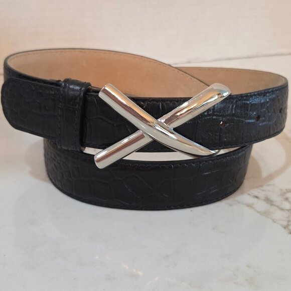 Doncaster Black Genuine Leather Belt With Silver X Buckle Made In Italy Size M main image 9